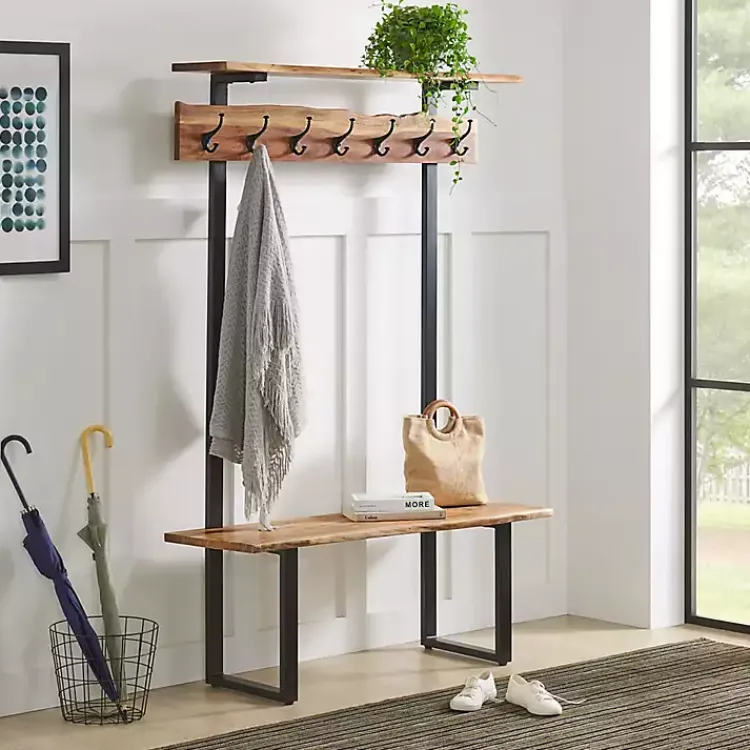 Kirklands Home Entryway Furniture|Acacia Wood Modern Storage Hooks Hall Tree