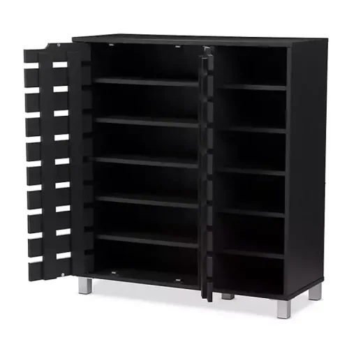 Kirklands Home Entryway Furniture|Aldrich Black Slatted Shoe Storage Cabinet