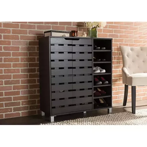 Kirklands Home Entryway Furniture|Aldrich Black Slatted Shoe Storage Cabinet