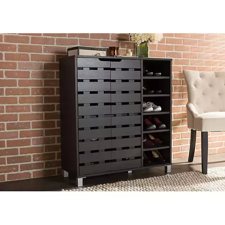 Kirklands Home Entryway Furniture|Aldrich Black Slatted Shoe Storage Cabinet