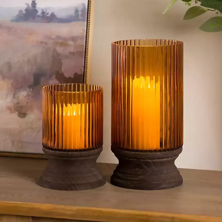 Best Amber Glass and Wood Hurricane, 8 in. Candle Holders