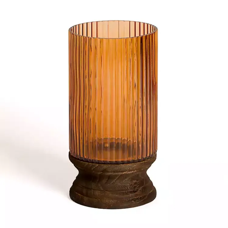 Amber Glass and Wood Hurricane, 13 in. Candle Holders