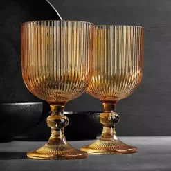 Kirklands Home Glassware & Drinkware|Amber Ribbed Goblet Wine Glasses, Set of 4 Orange