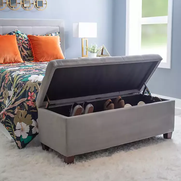 Kirklands Home Entryway Furniture|Amelia Tufted Shoe Storage Ottoman Bench Gray