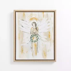 Kirklands Home Canvas Art|Angel Holding Wreath Framed Canvas Art Print White