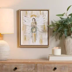 Kirklands Home Canvas Art|Angel Holding Wreath Framed Canvas Art Print White