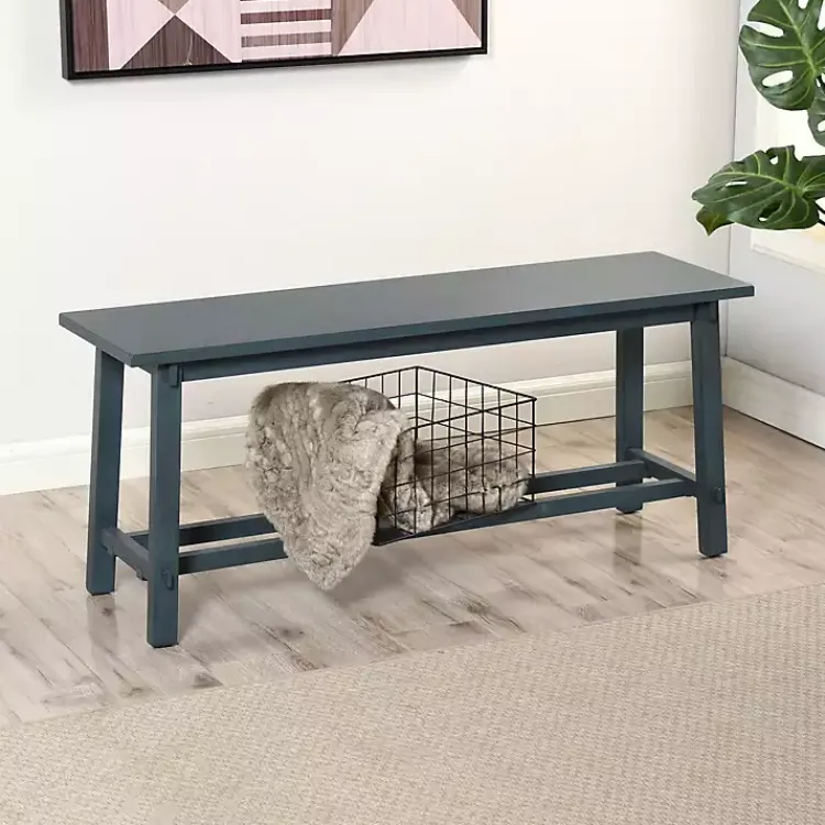 Kirklands Home Benches & Ottomans|Antique Navy Wood Noah Bench Blue