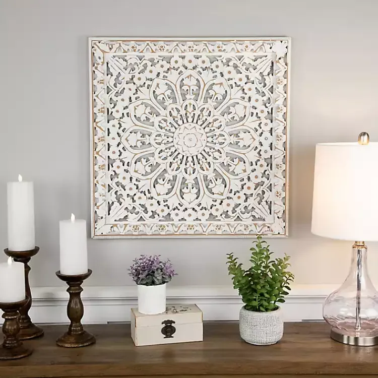 Kirklands Home Wall Plaques|Antique Floral Mandala Square Wall Plaque White