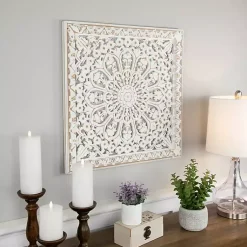 Kirklands Home Wall Plaques|Antique Floral Mandala Square Wall Plaque White