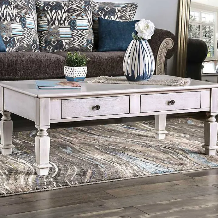 Kirklands Home Coffee Tables|Antique Wood 4-Drawer Heather Coffee Table White