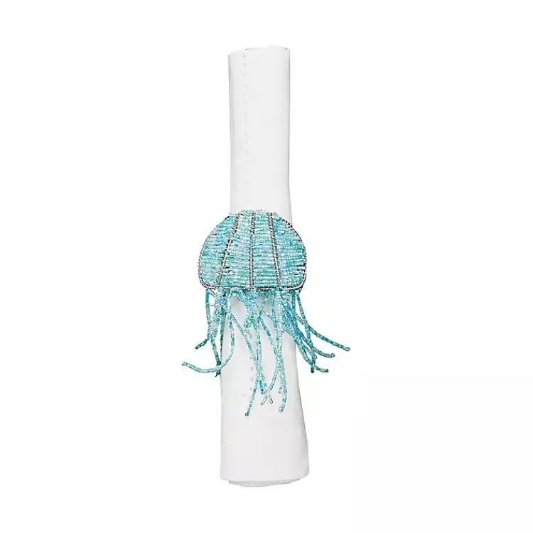Kirklands Home Table Linens|Aqua Beaded Jellyfish Napkin Rings, Set of 6 Blue