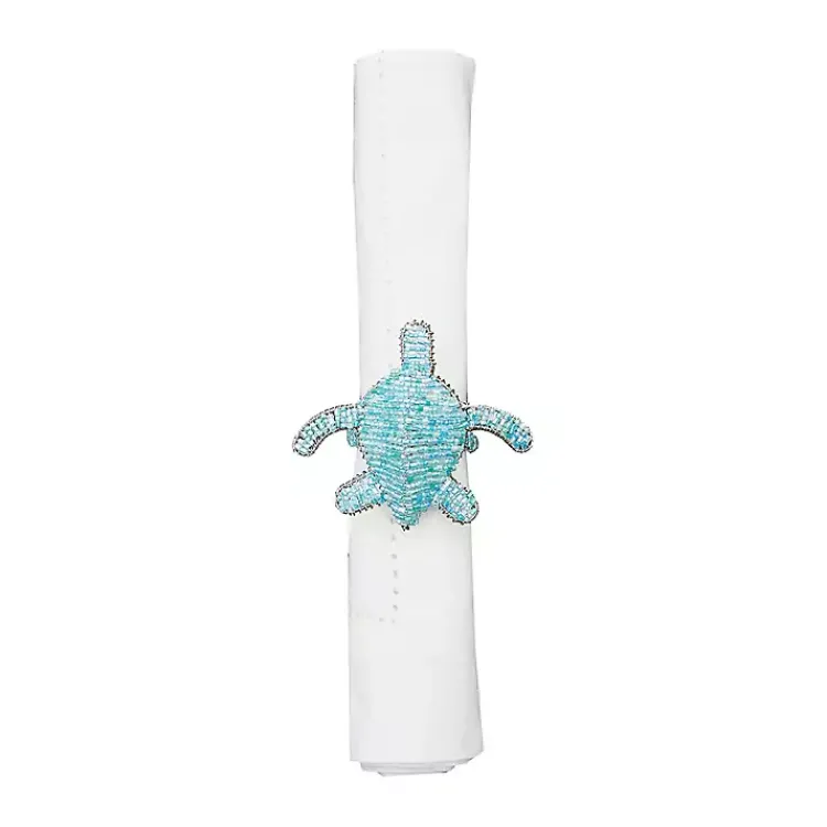 Kirklands Home Table Linens|Aqua Beaded Turtle Napkin Rings, Set of 6 Blue