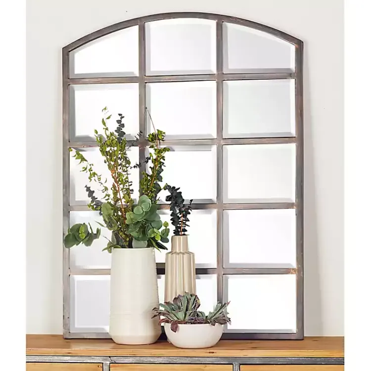 Kirklands Home Decorative Mirrors|Arched Windowpane Wall Mirror Gray