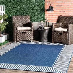 Kirklands Home Outdoor Rugs|Asia Blue Stripe Border Outdoor Rug, 5x8