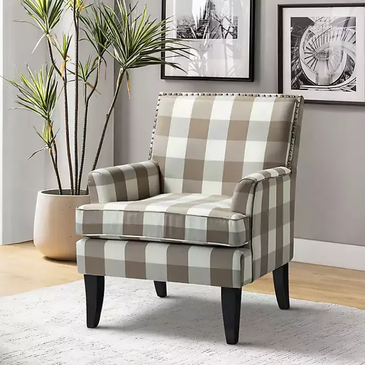 Kirklands Home Accent Chairs|Beige Buffalo Check Upholstered Armchair Brown
