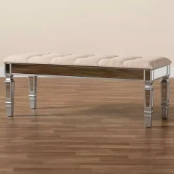 Kirklands Home Benches & Ottomans|Beige Button Tufted Bench with Mirrored Base Tan