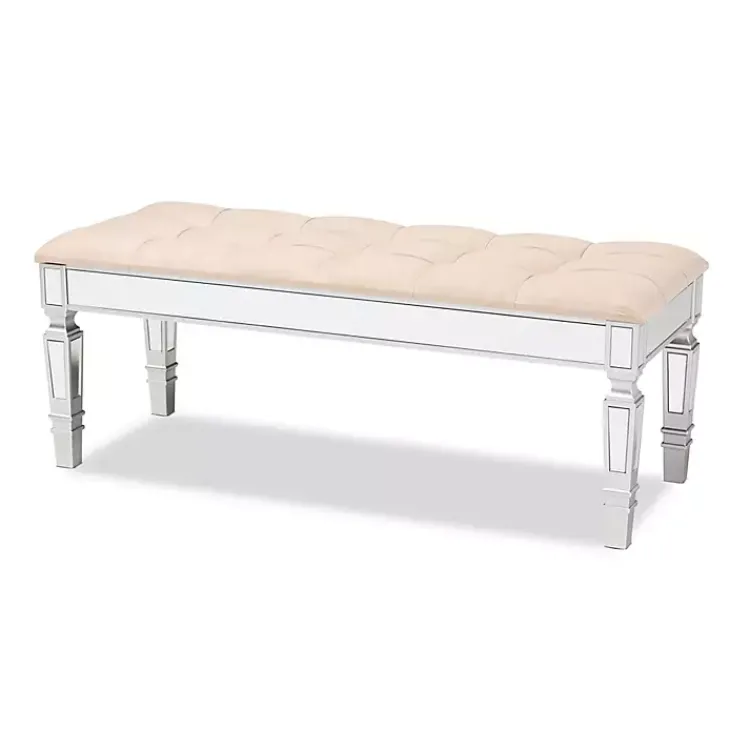 Kirklands Home Benches & Ottomans|Beige Button Tufted Bench with Mirrored Base Tan