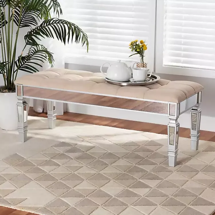 Kirklands Home Benches & Ottomans|Beige Button Tufted Bench with Mirrored Base Tan