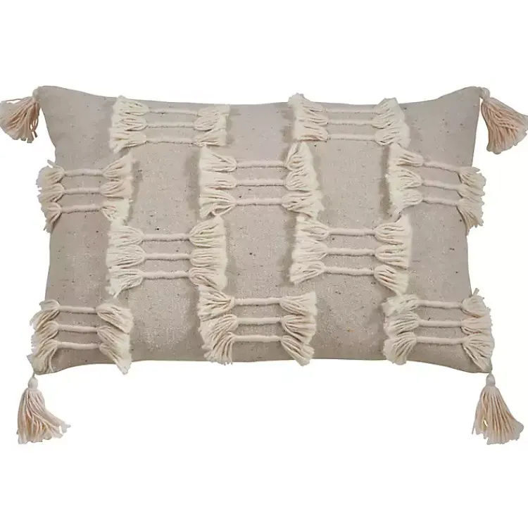 Best Beige Frayed Tassel Lumbar Pillow Pillows
