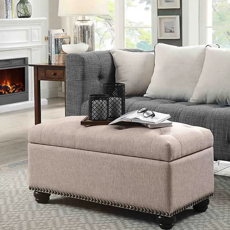 Kirklands Home Benches & Ottomans|Beige Tufted Jess Storage Ottoman Bench Tan