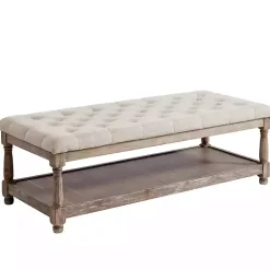 Kirklands Home Benches & Ottomans|Beige Tufted Linen and Wood Bench Tan