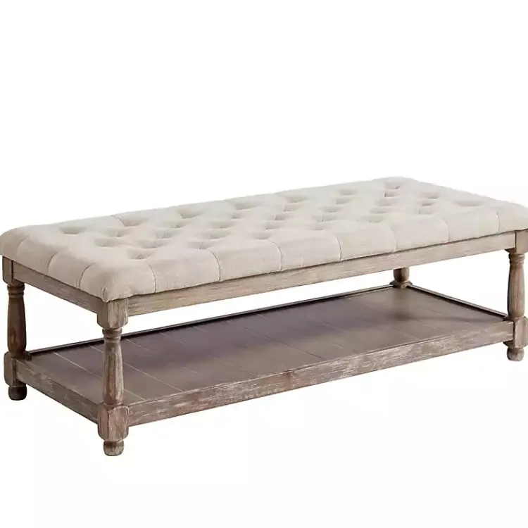 Kirklands Home Benches & Ottomans|Beige Tufted Linen and Wood Bench Tan