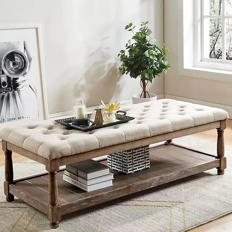 Kirklands Home Benches & Ottomans|Beige Tufted Linen and Wood Bench Tan