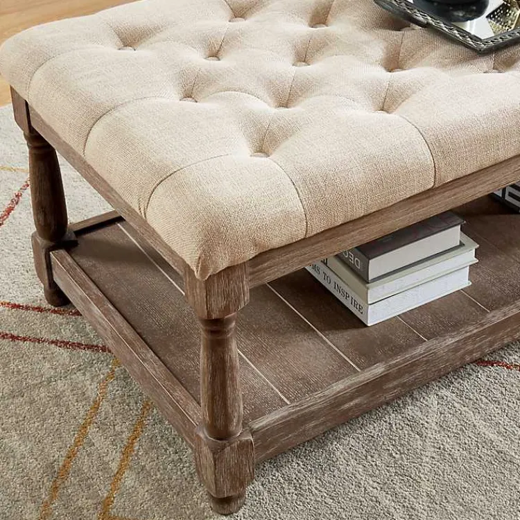 Kirklands Home Benches & Ottomans|Beige Tufted Linen and Wood Bench Tan