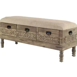 Kirklands Home Benches & Ottomans|Beige Upholstered Acanthus Carved Wooden Bench Tan