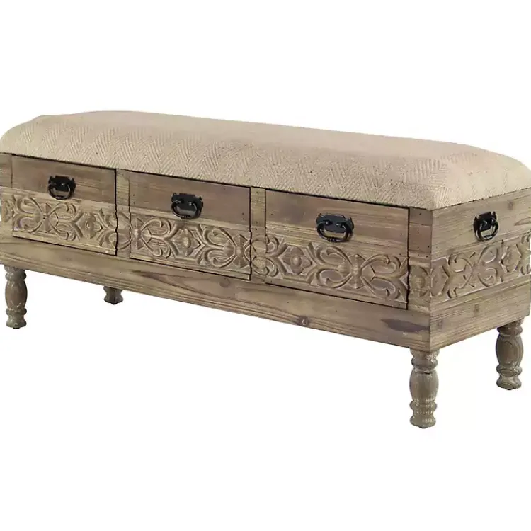 Kirklands Home Benches & Ottomans|Beige Upholstered Acanthus Carved Wooden Bench Tan
