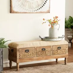 Kirklands Home Benches & Ottomans|Beige Upholstered Acanthus Carved Wooden Bench Tan