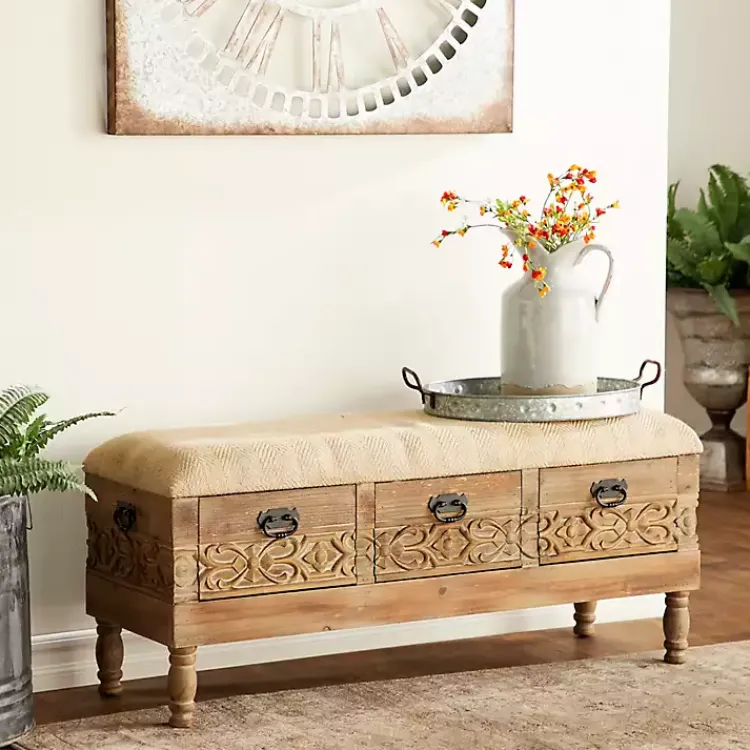 Kirklands Home Benches & Ottomans|Beige Upholstered Acanthus Carved Wooden Bench Tan