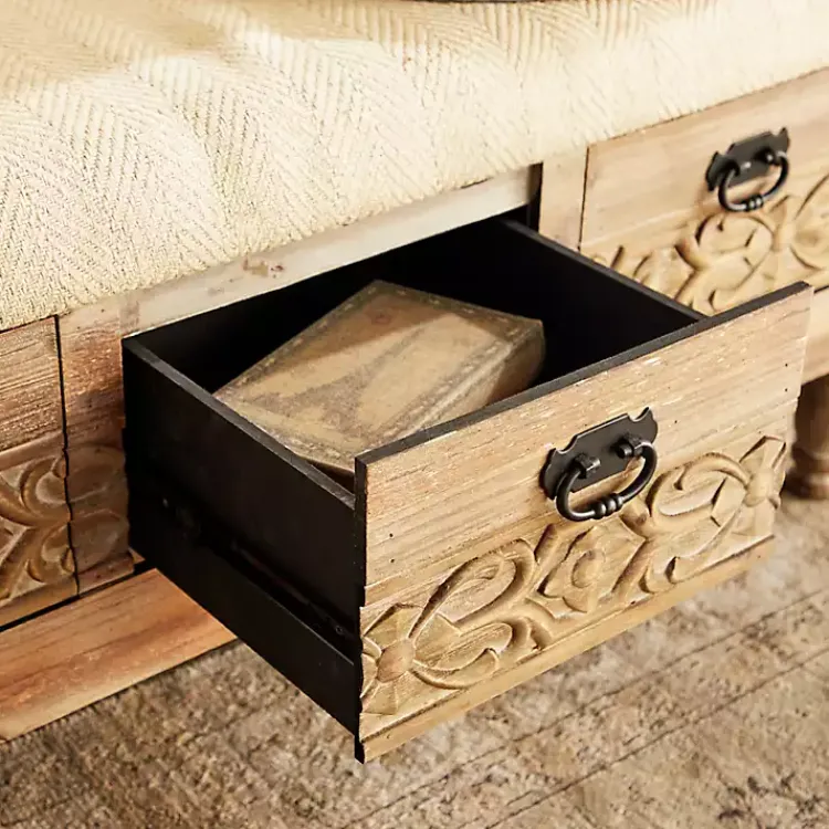 Kirklands Home Benches & Ottomans|Beige Upholstered Acanthus Carved Wooden Bench Tan