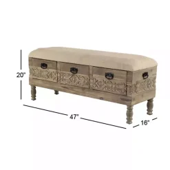 Kirklands Home Benches & Ottomans|Beige Upholstered Acanthus Carved Wooden Bench Tan