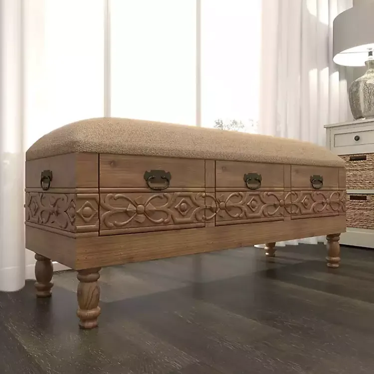 Kirklands Home Benches & Ottomans|Beige Upholstered Acanthus Carved Wooden Bench Tan