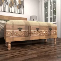 Kirklands Home Benches & Ottomans|Beige Upholstered Acanthus Carved Wooden Bench Tan