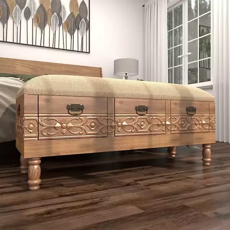 Kirklands Home Benches & Ottomans|Beige Upholstered Acanthus Carved Wooden Bench Tan