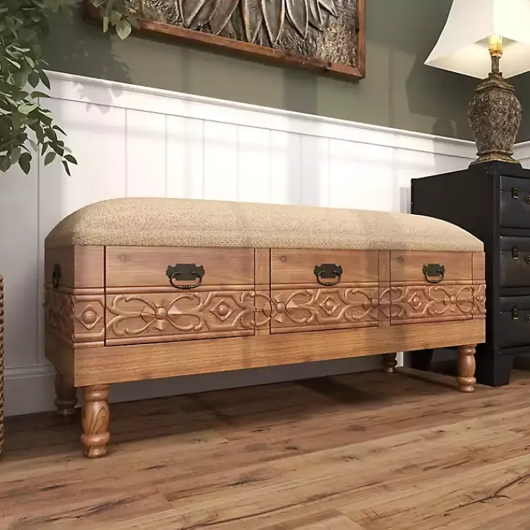 Kirklands Home Benches & Ottomans|Beige Upholstered Acanthus Carved Wooden Bench Tan