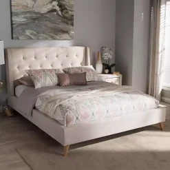 Kirklands Home Beds & Headboards|Beige Upholstered Wingback Queen Platform Bed Ivory