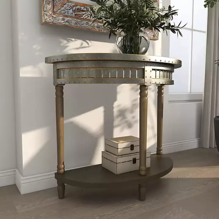 Kirklands Home Console Tables|Beige Wood and Metal Half Moon Console Table Tan
