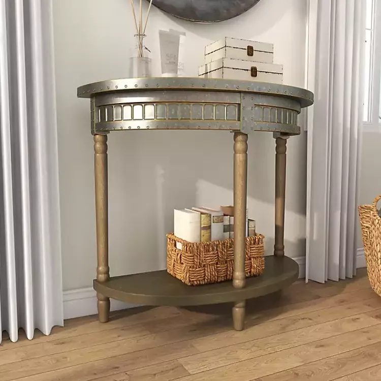 Kirklands Home Console Tables|Beige Wood and Metal Half Moon Console Table Tan