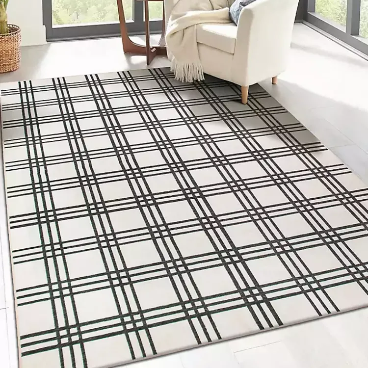 Kirklands Home Area Rugs|Black and Cream Plaid Washable Area Rug, 5x7