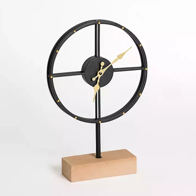 Black and Gold Metal Clock with Wooden Base Decorative Accents