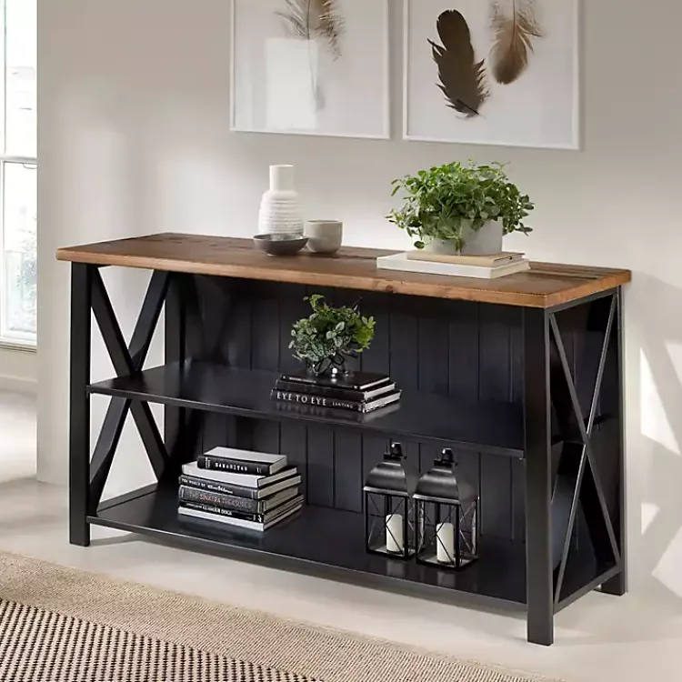 Kirklands Home Console Tables|Black and Rustic Oak Wood Farmhouse Console Table