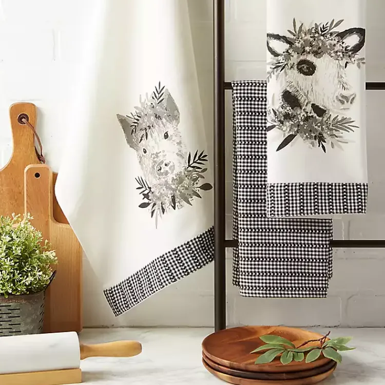 Kirklands Home Kitchen Accessories|Black and White Animal Kitchen Towels, Set of 3