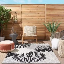 Kirklands Home Outdoor Rugs|Black and White Floral Outdoor Area Rug, 5x7
