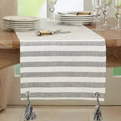 Kirklands Home Table Linens|Black and White Rustic Stripe Tassel Table Runner