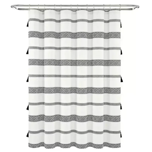 Kirklands Home Shower Curtains|Black and White Striped Boho Shower Curtain