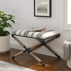 Kirklands Home Benches & Ottomans|Black and White Striped Upholstered Ottoman
