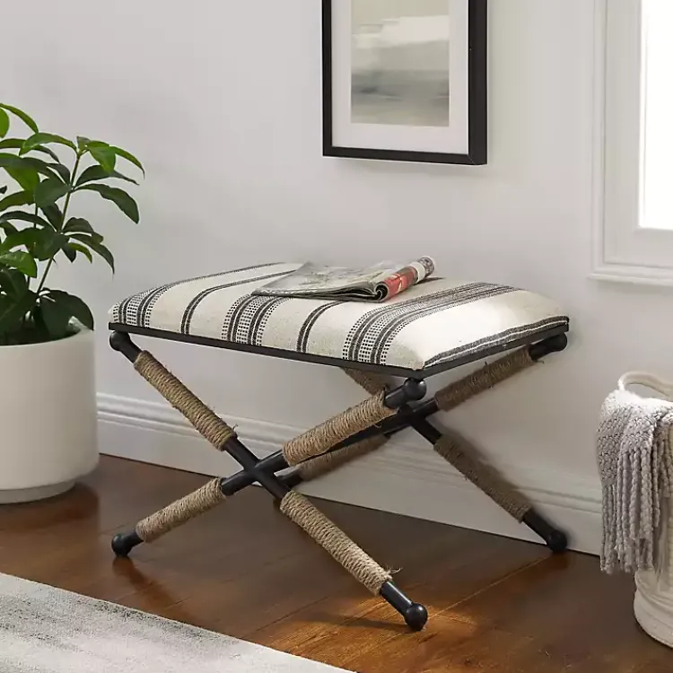 Kirklands Home Benches & Ottomans|Black and White Striped Upholstered Ottoman